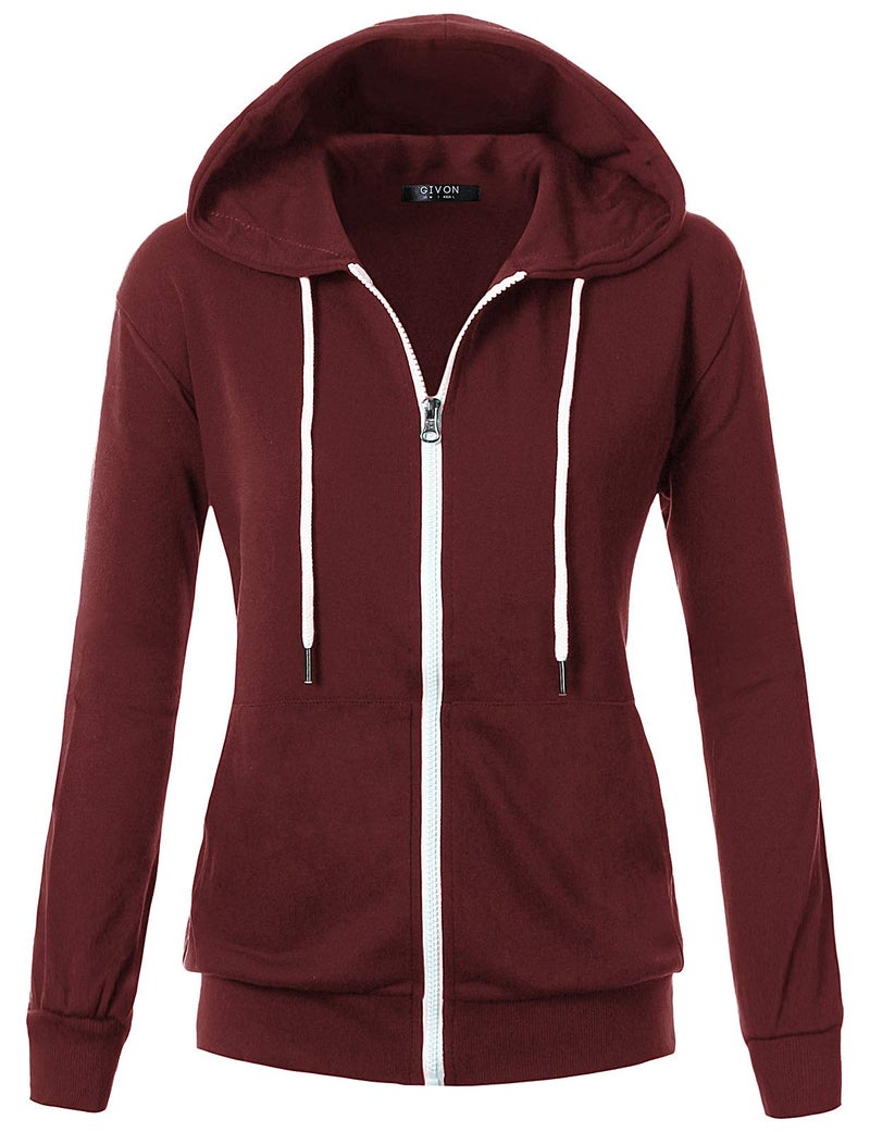 GIVON Women's Lightweight Zip Up Hoodie â€“ Long Sleeve Thin Casual Hooded Jacket, Plus DCF200-BURGUNDY-M - Image 2
